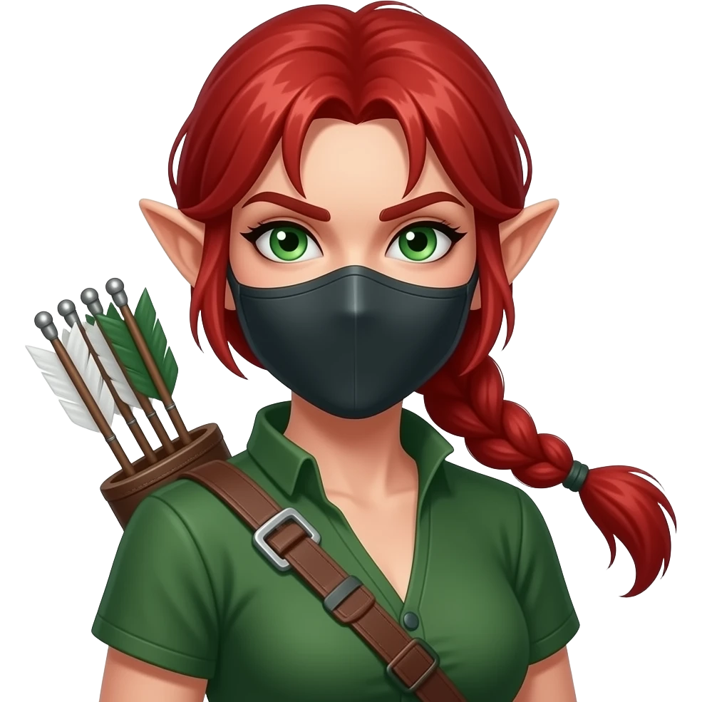femme rousse aux yeux verts, tresse haute jusque dans le dos, ressemble à une elfe, archère avec un carquois, voleuse avec un masque sombre qui cache ses yeux, tenue verte, air déterminé emoji