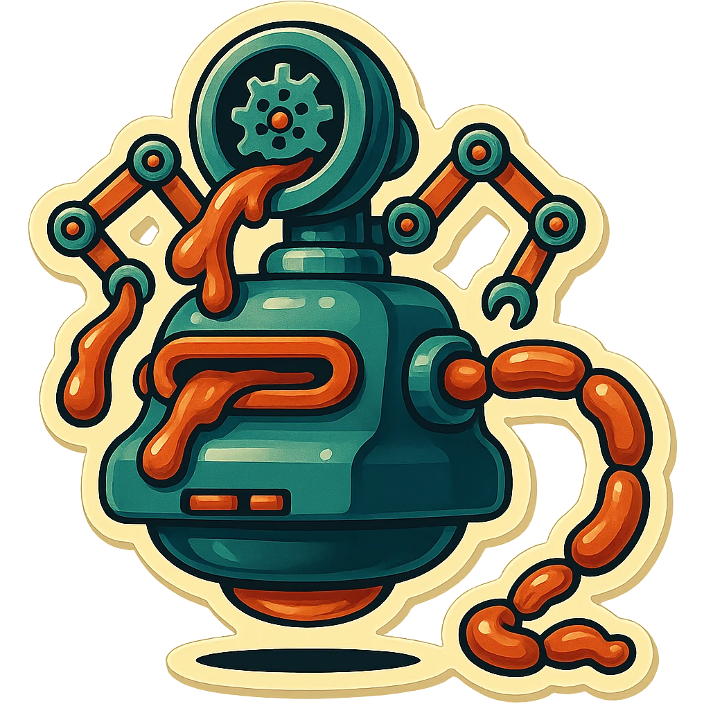sausage-processing droid. retro-futuristic style. top is a large circular industrial grinder rotating gears and blades. Two robotic arms feed material into grinder. Sausage links extrude from the rear like  factory. The body is metallic, compact, and floats above the ground.no legs. Dark humor emoji