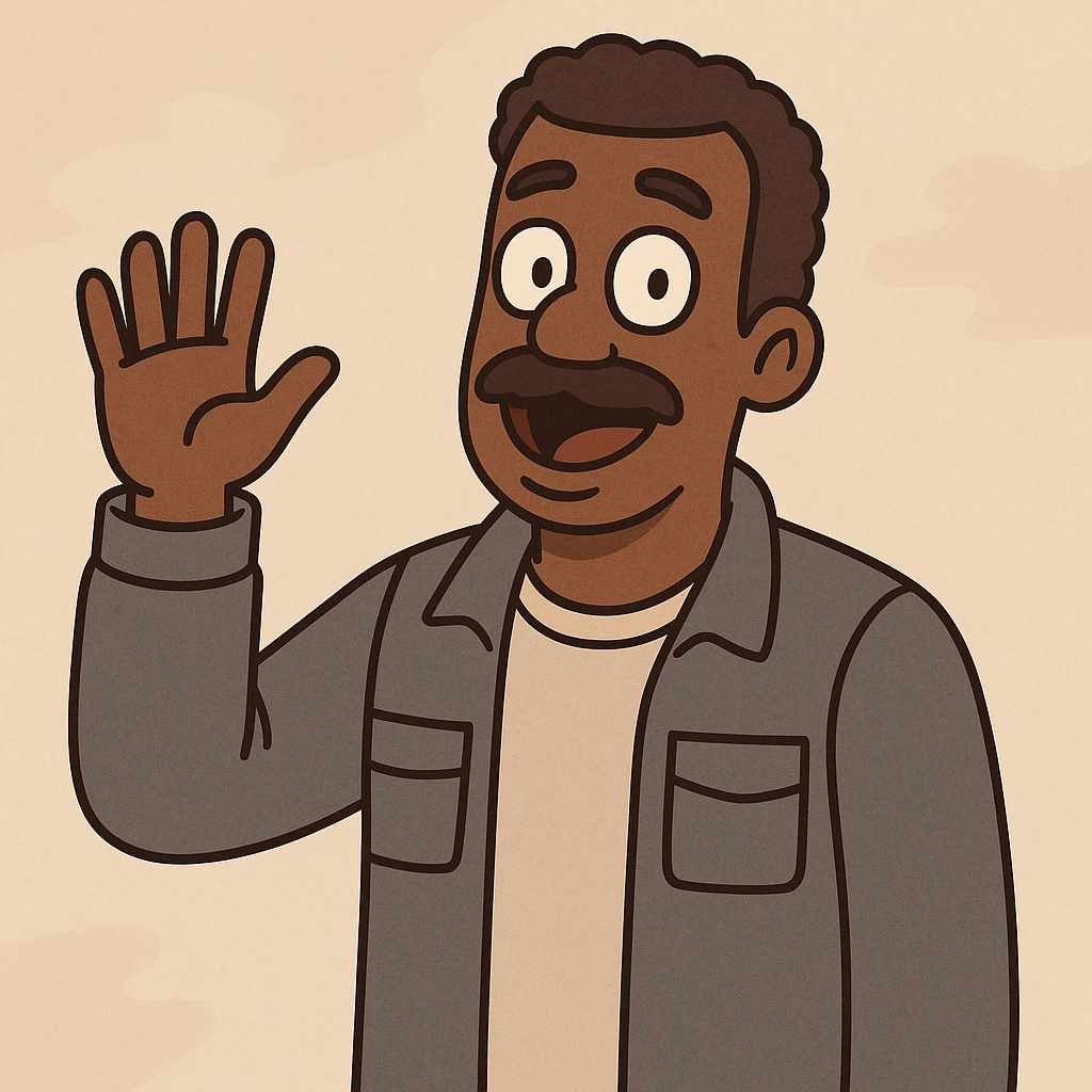 Black man with a mustache waving, wearing a grey jacket, cartoon style emoji