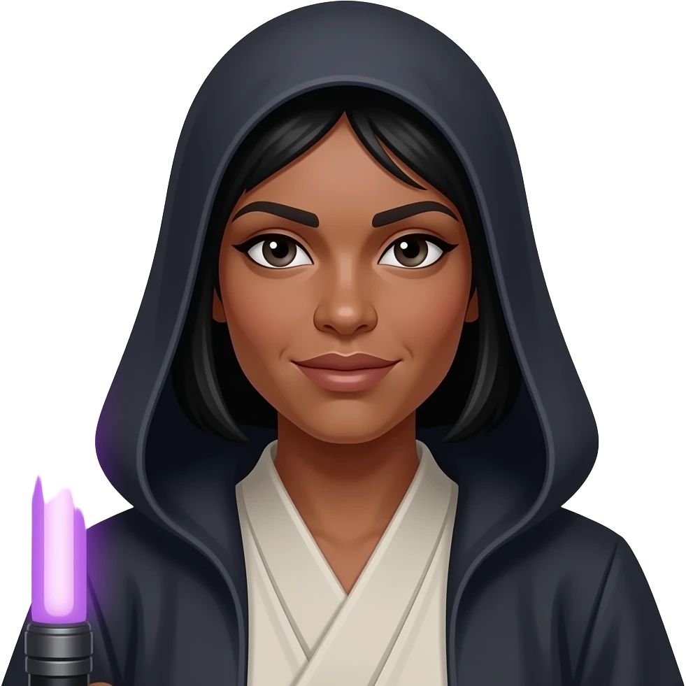 Female Jedi with single purple lightsaber,slightly darker slintone, with hajarb, black hair emoji