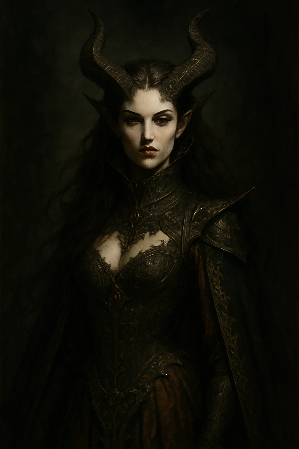 demon queen with horns and brown hair, elegant and regal, dark fantasy style emoji