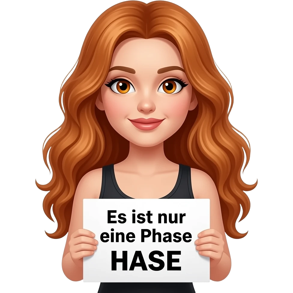 sexy girl with long wavy ginger hair and ginger eyes wearing a black tanktop is holding a white colored sign with Es ist nur eine Phase HASE written on it emoji