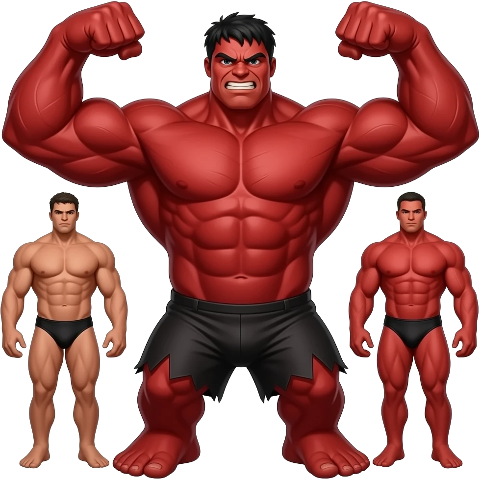 Massive very tall massively muscular red Hulk in black male bikini full body image realistic flexing biceps emoji