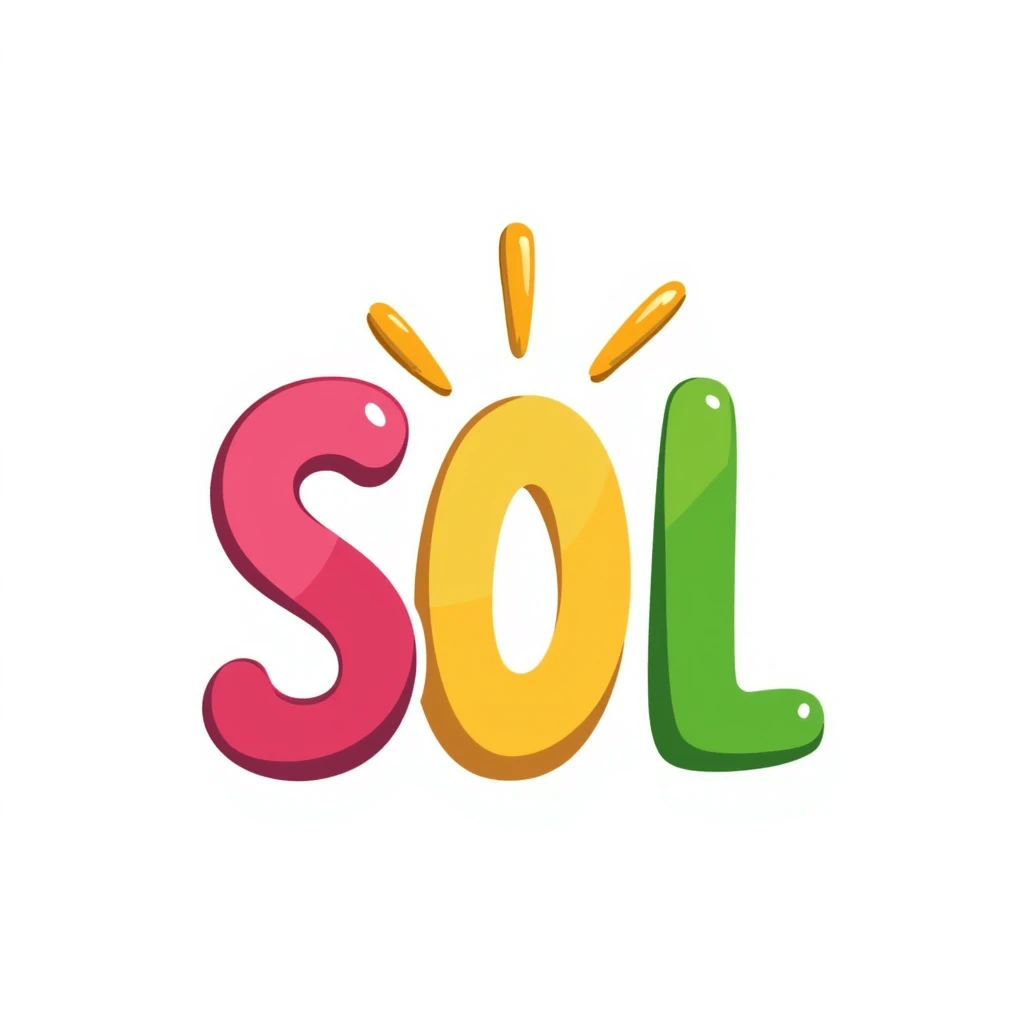 Latin letters SOL in emoji style with handwritten effect, pink green and sunny colors, associations with energy and sun emoji