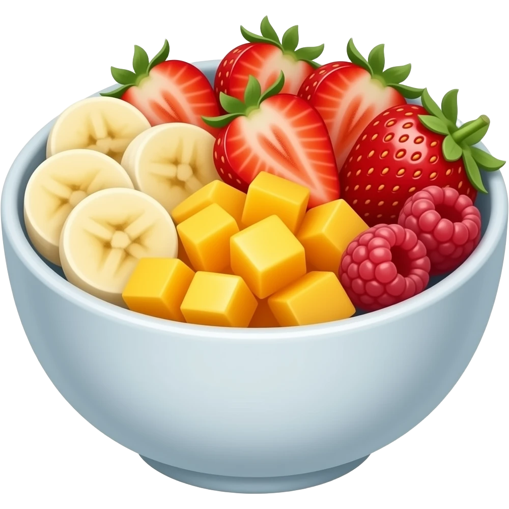 bowl with banana, strawberry, mango and raspberry emoji