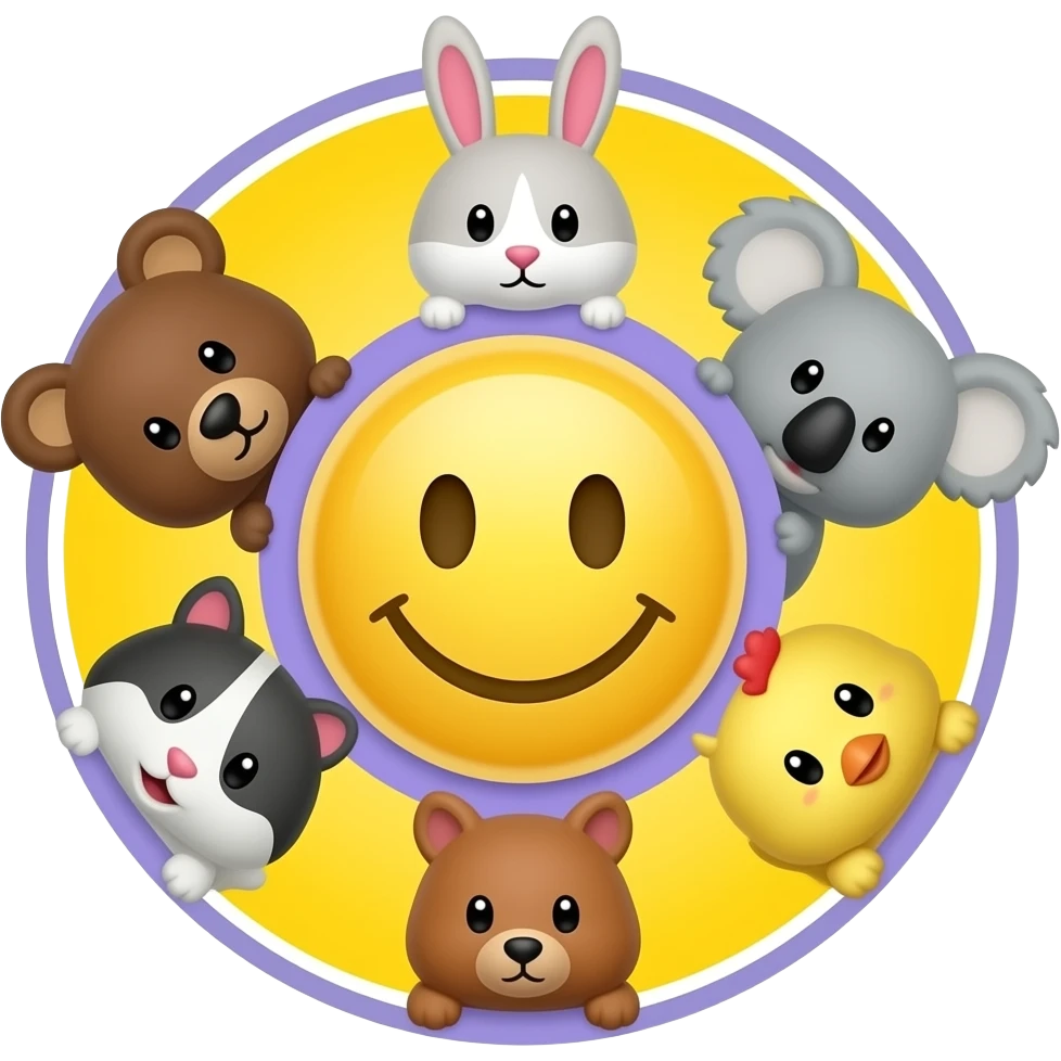 Yellow Smiley in the centre, circle,serrounded by the head only of these symbol 🐻🐰🐨🐈🐹🐿🐥, with bright yellow and background, light purple outline emoji