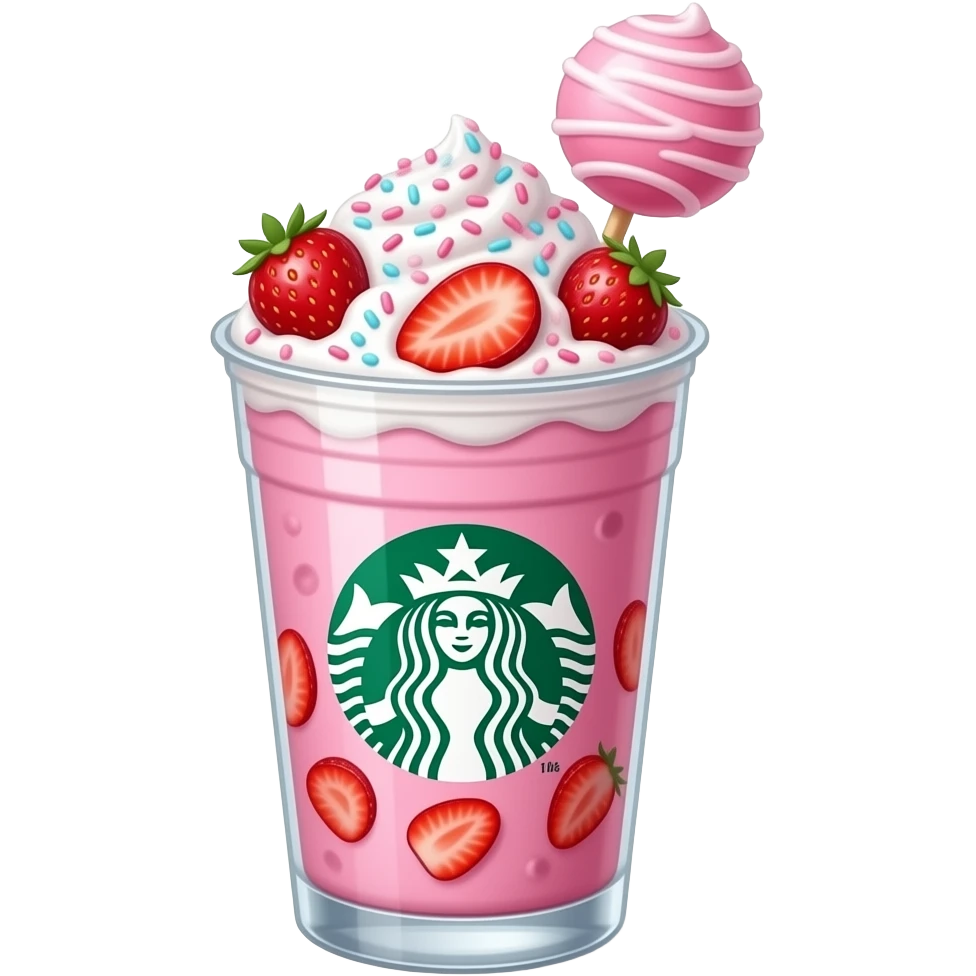 Pink StarBucks Drink with pink sprinkles, strawberries, strawberry syrup and a pink cake pop emoji