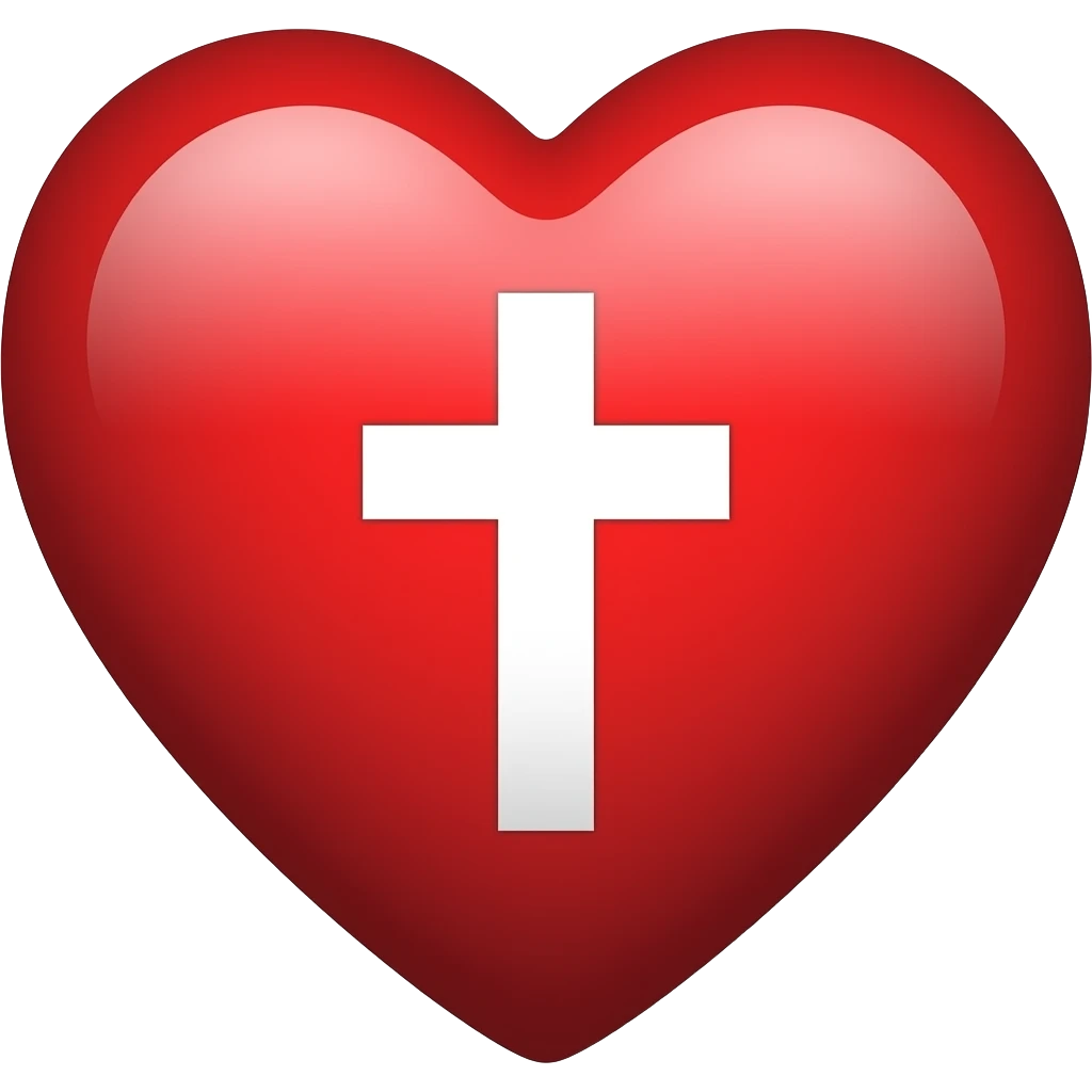 a simple red heart with a plain white Christian cross centered in it 40 pixel x 40 pixel image emoji