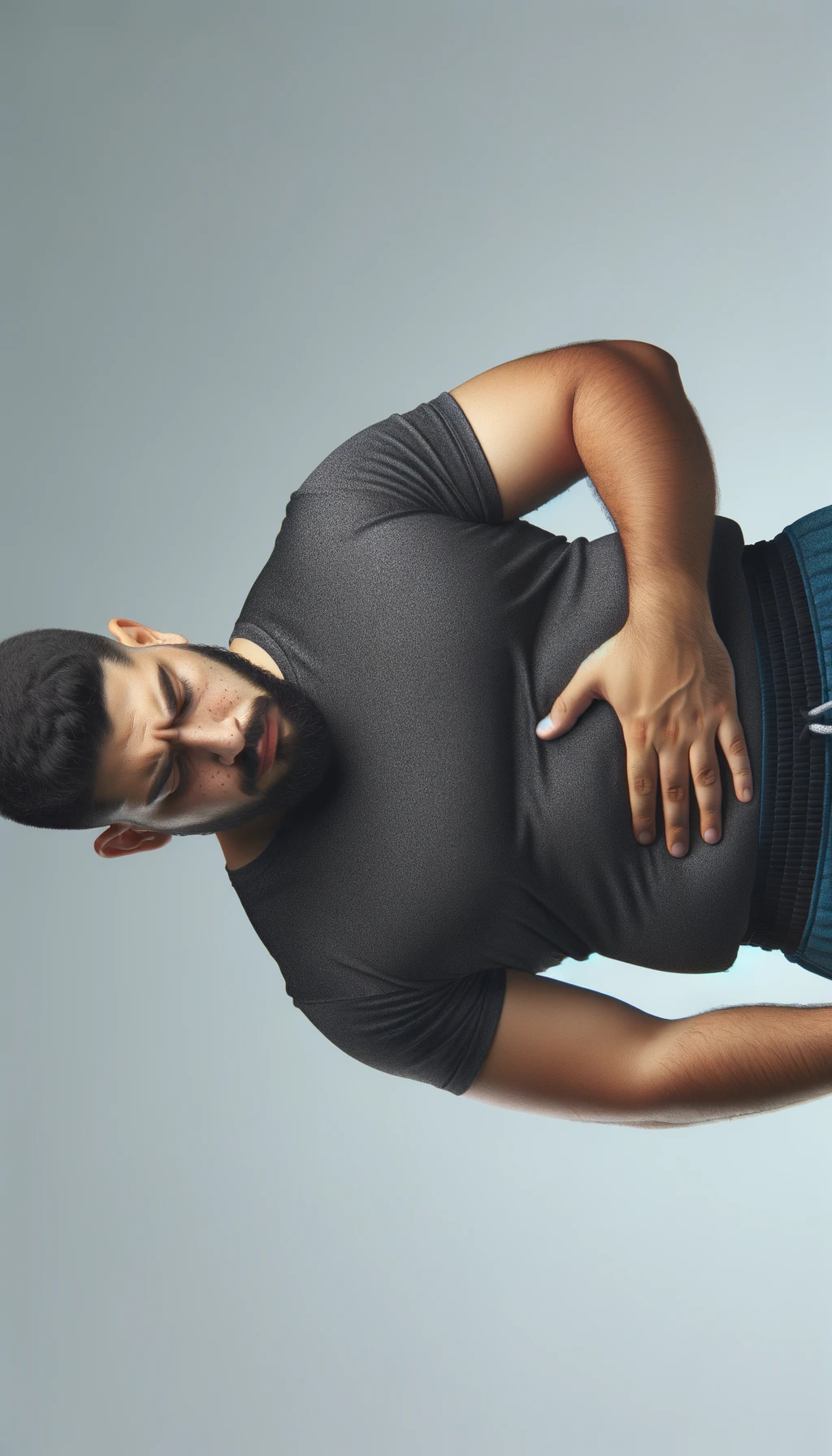 UOMO FITNESS LEGGERMENTE SOVRAPPESO, SI TOCCA LA PANCIA CON ESPRESSIONE DISPIACIUTA IN VOLTO, iperrealistico 4k emoji