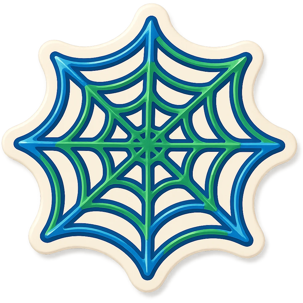 a spider web with alternating or combined blue and green colored outlines, no gradient, expressive shadows and highlights, transparent spaces between the web strands, no fill between them, playful dimensional look, clean and bold emoji