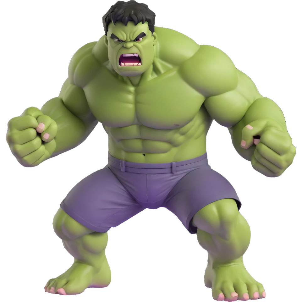 3D emoji style Hulk, roaring, fists clenched, dynamic action emoji