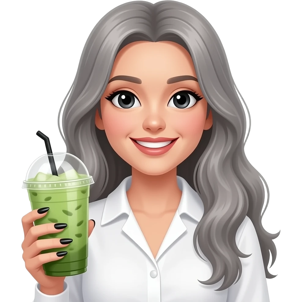 smiling lady with black eyes and grey very long hair, long black nails and holding a large iced matcha, wearing a white blouse emoji