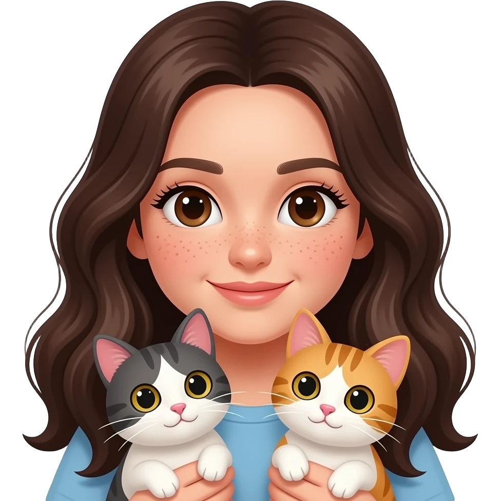 girl with brown eyes and a lot of freckles long dark brown hair long lashes with two cats emoji