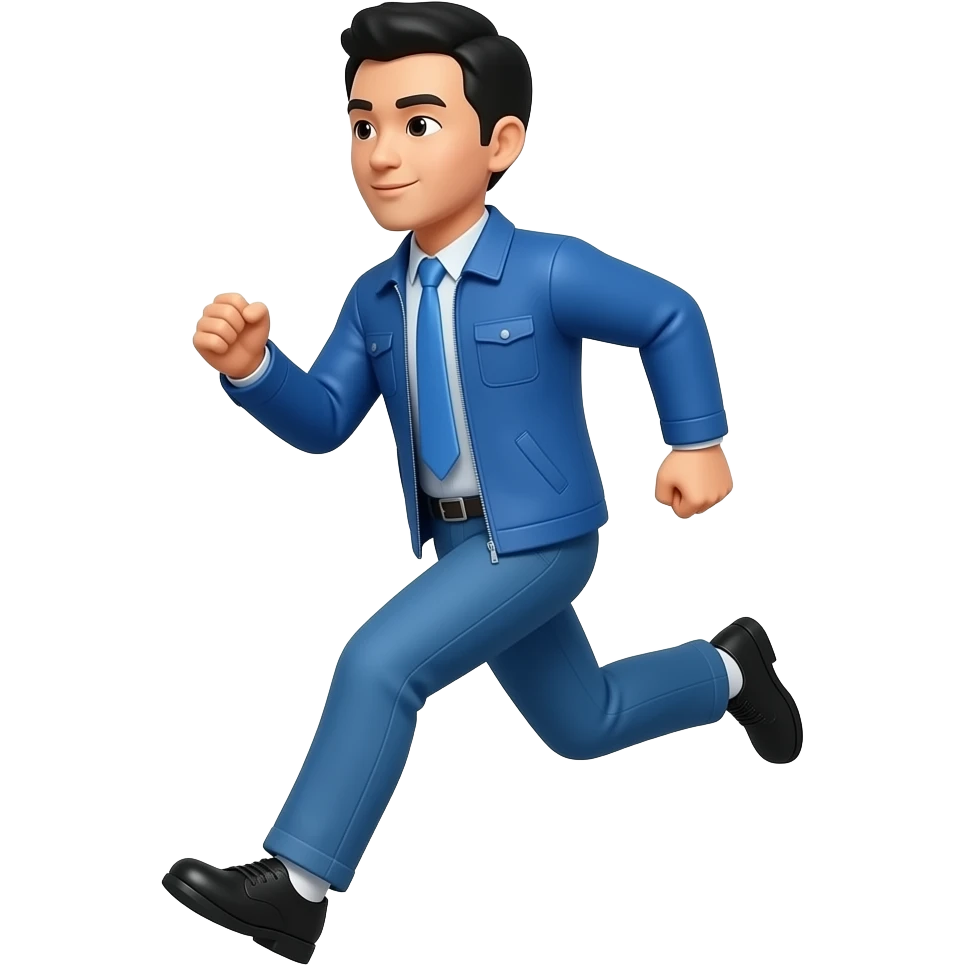 blue jacket man running black hair asian blue tie and pants black shoes emoji