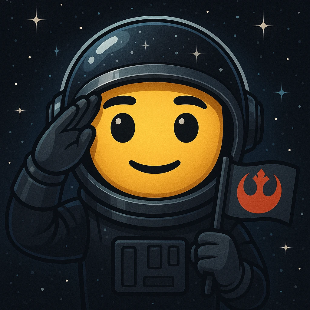 Emoji de saludo o7 con casco espacial y bandera rebelde, colores oscuros, detalles de estrellas y espacio emoji