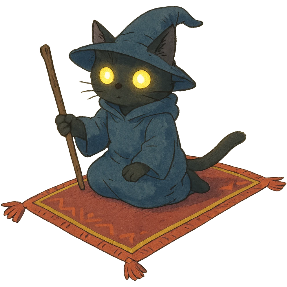 fantasy wizard cat with glowing eyes on a flying carpet, ghibli style emoji