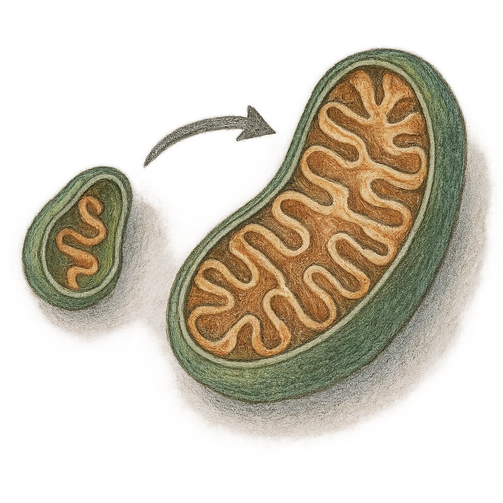 realistic colored drawing of mitochondrial biogenesis step 1: formation and growth of a new mitochondrion, visible texture on white paper, isolated on white background emoji