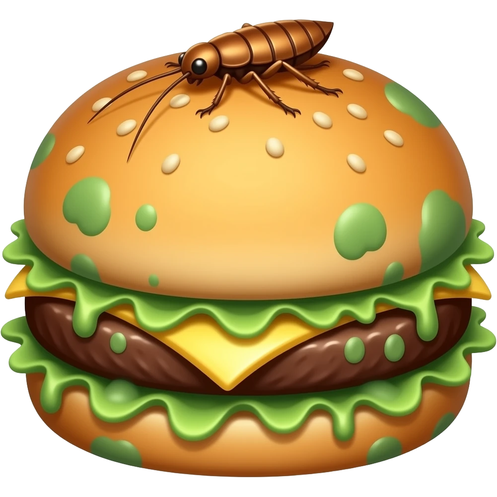 moldy rotten hamburger. molds should be green and cartoonish. there will be a cockroach on it. no face emoji