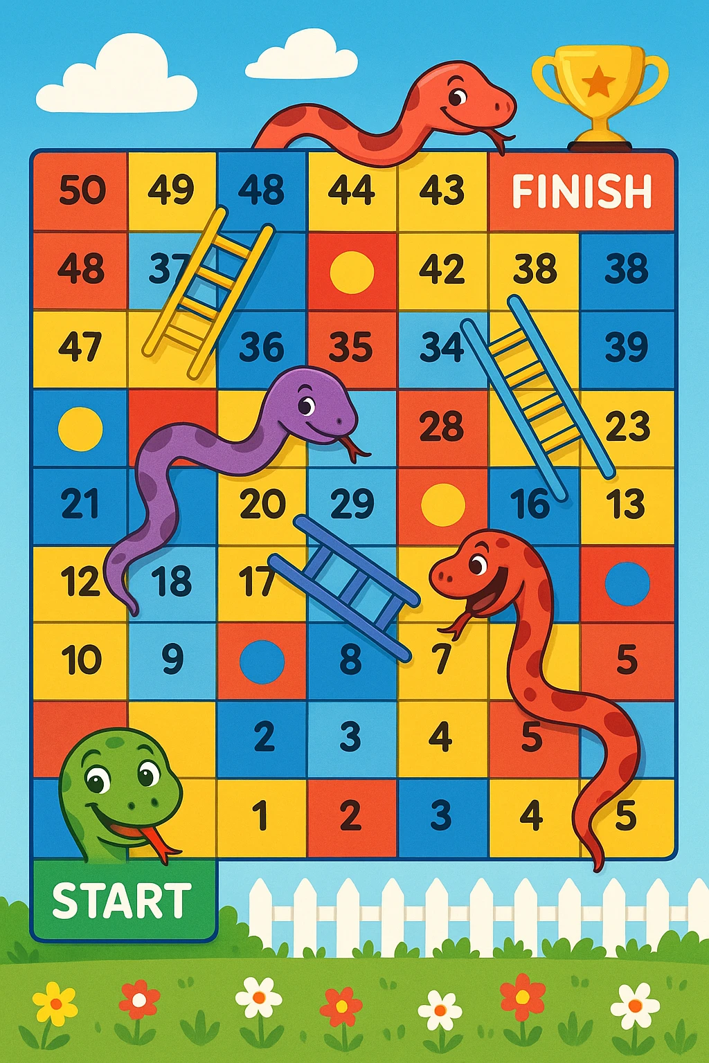 Create a colorful rectangular board game path in the classic "Snakes and Ladders" style. The path consists of 50 numbered squares arranged in a winding pattern across 4–5 horizontal rows. The path starts in the bottom-left corner with a cheerful cartoon snake's face and the word "START", and ends in the top-right corner with a trophy icon and the word "FINISH". Include several snakes that slide the player down (curvy red or purple snakes with playful expressions) and ladders that move the player up (brightly colored ladders with blue or yellow rungs). Some squares are colored differently (e.g. red, blue, yellow) to indicate special actions. The background is bright and fun, with a blue sky, white clouds, green grass, and a picket fence with flowers. Style: digital cartoon illustration with bold lines, vibrant colors, and a joyful, child-friendly atmosphere. The entire board should be playful, engaging, and suitable for kids aged 5–10. emoji