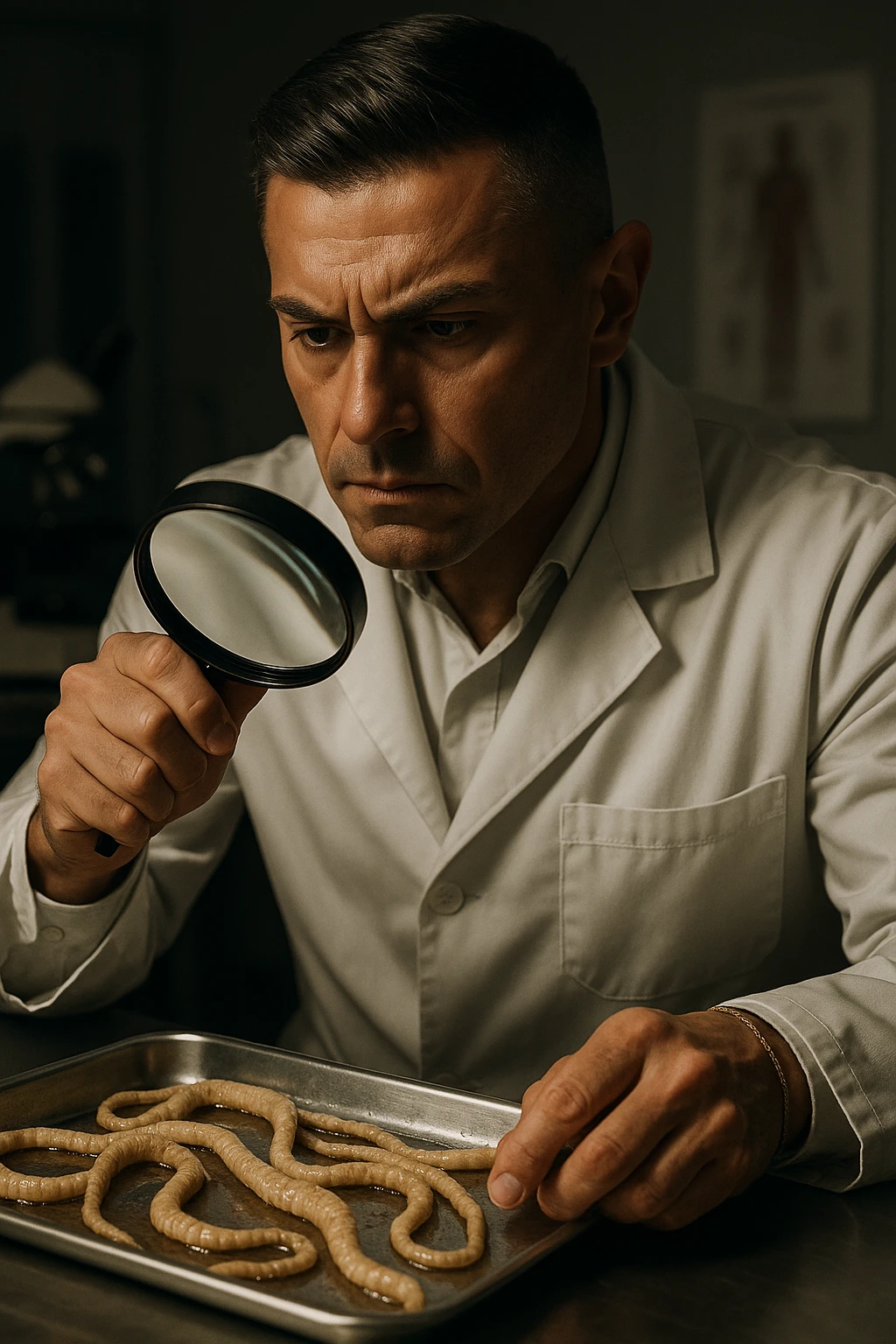 A middle-aged male kinesiologist wearing a pristine white lab coat, intensely analyzing long, beige tapeworms (like Taenia) under a magnifying glass. His expression is focused and slightly concerned, with dramatic studio lighting casting sharp shadows. The parasites are highly detailed, moist, and textured, stretched across a sterile metal tray. The background is blurred but suggests a clinical environment—hints of a microscope, medical charts, and clean lab equipment. The style is hyper-realistic, with a cinematic contrast between the bright white coat and the grotesque, organic forms of the parasites. No sci-fi elements, just raw medical realism with a disturbing edge emoji