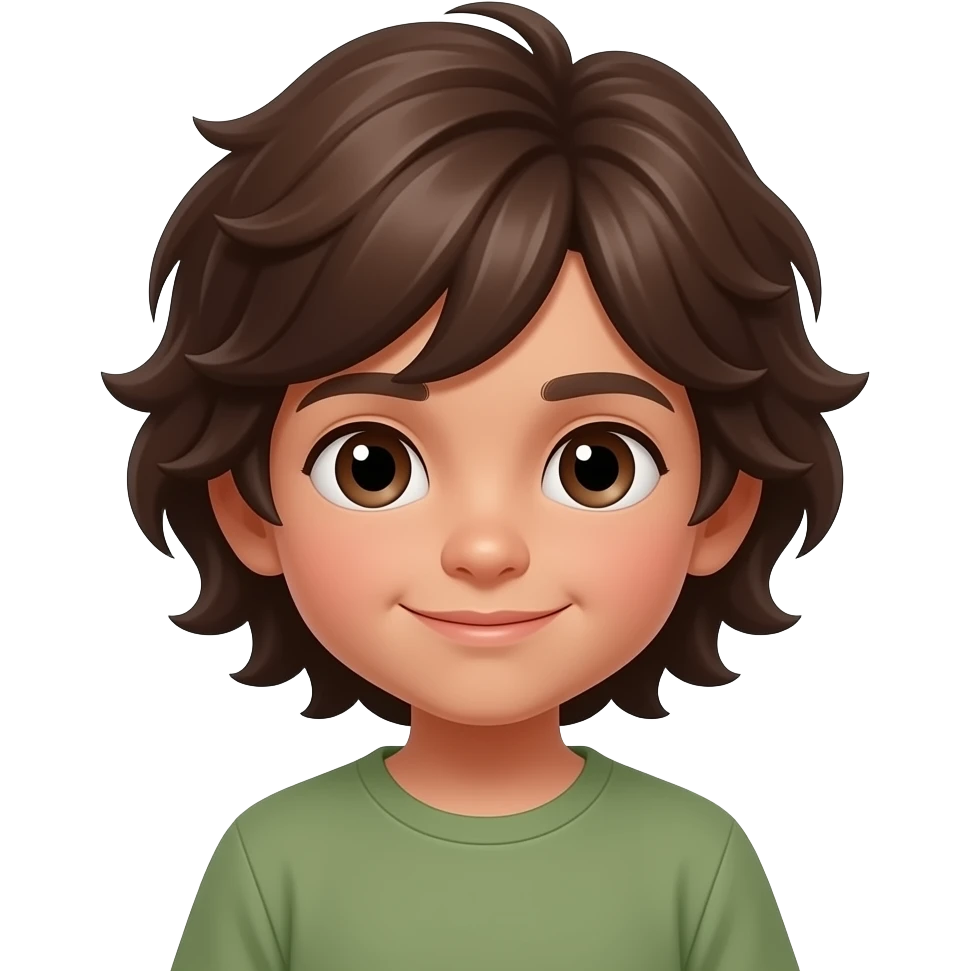 Niño pequeño con pelo marrón oscuro medio largo y ondulado, piel un poco morenay los ojos marrones emoji