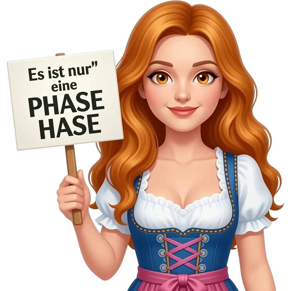 sexy girl with overlong ginger hair and ginger eyes wearing a dirndl holding Es ist nur eine PHASE HASE sign emoji