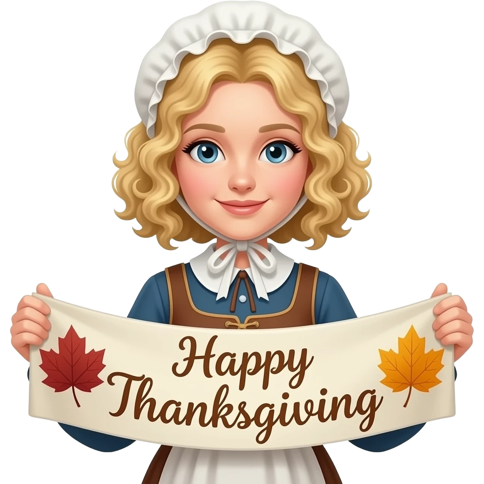 blonde tight curly hair in a short bob Happy Thanksgiving banner in a pilgram dress and bonnet emoji