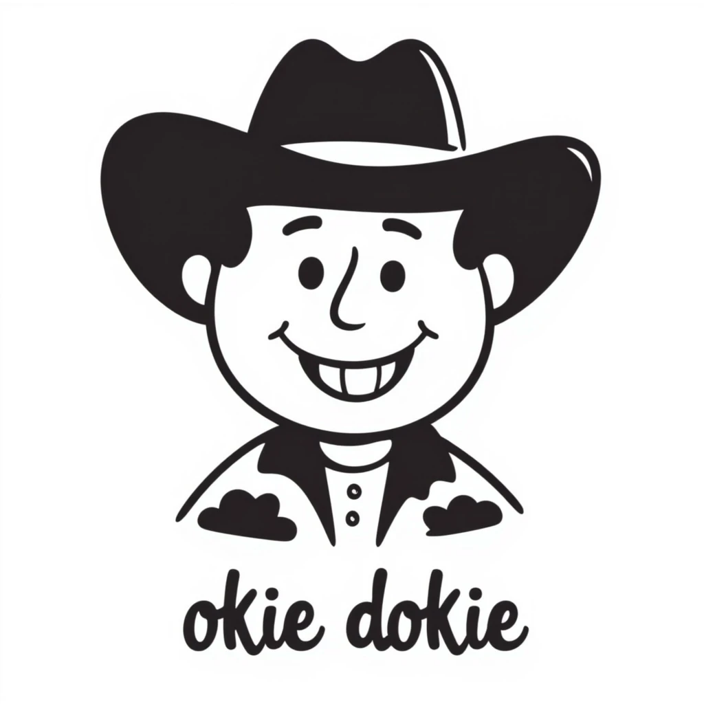 cheerful cowboy emoji with a hat, smiling, and the legend 'okie dokie' in a fun, bold font emoji