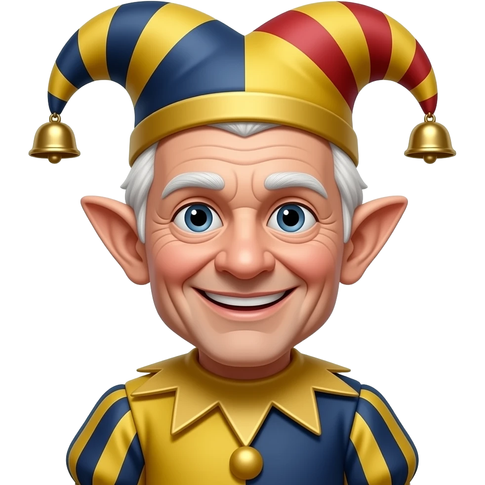 duende, elf ears, older, white hair, black sclera eyes, dressed as a court jester emoji