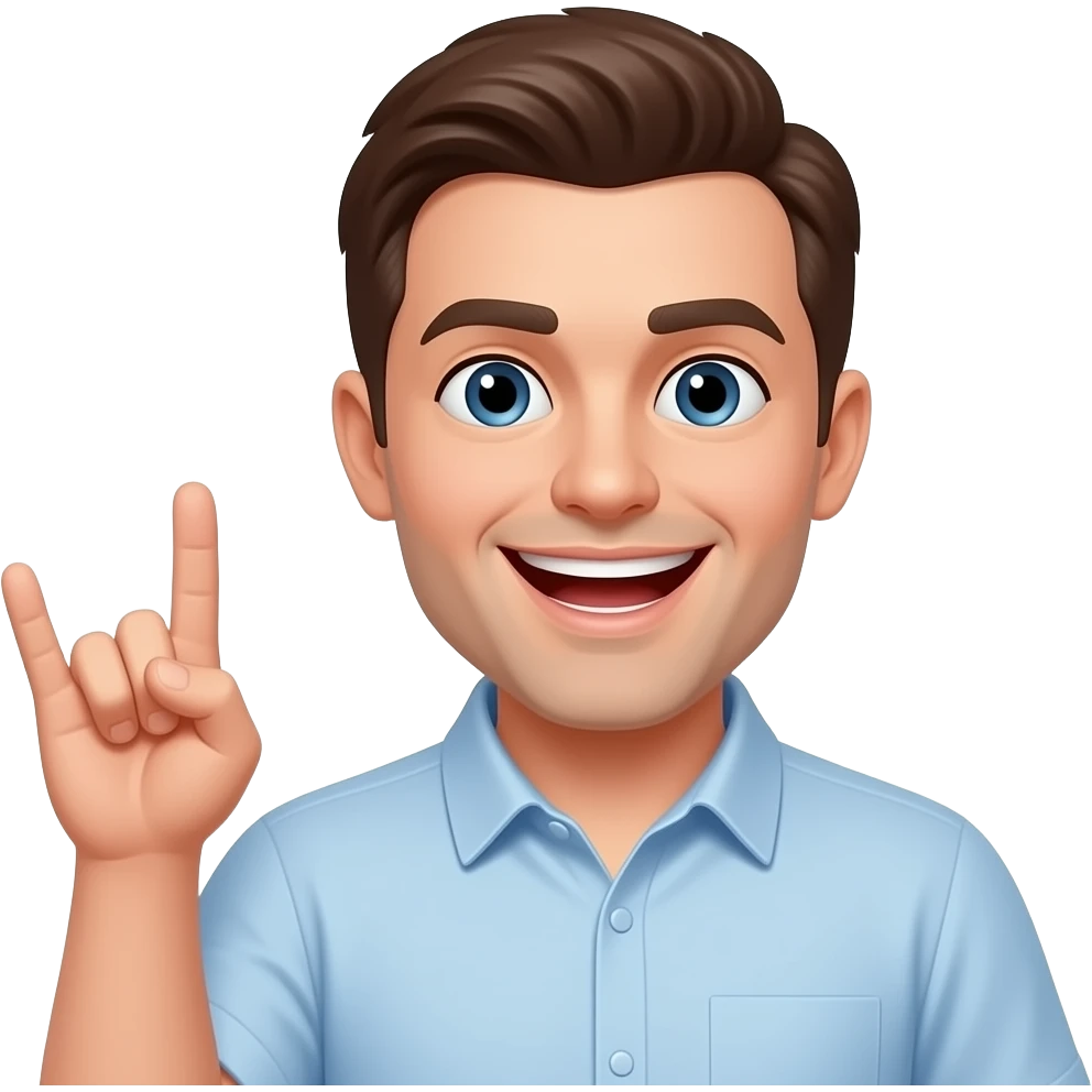 Этот же парень смотрит в камеру, с улыбкой будто что-то кричит, показывает на камеру жест Rock on gesture emoji