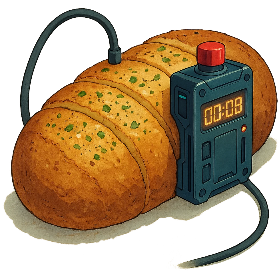 a thermonuclear hand held grenade IED, futuristic cyberpunk. The primed exlosive element is not c4 plastique, but it is garlic bread. small detonator attached to large loaf emoji