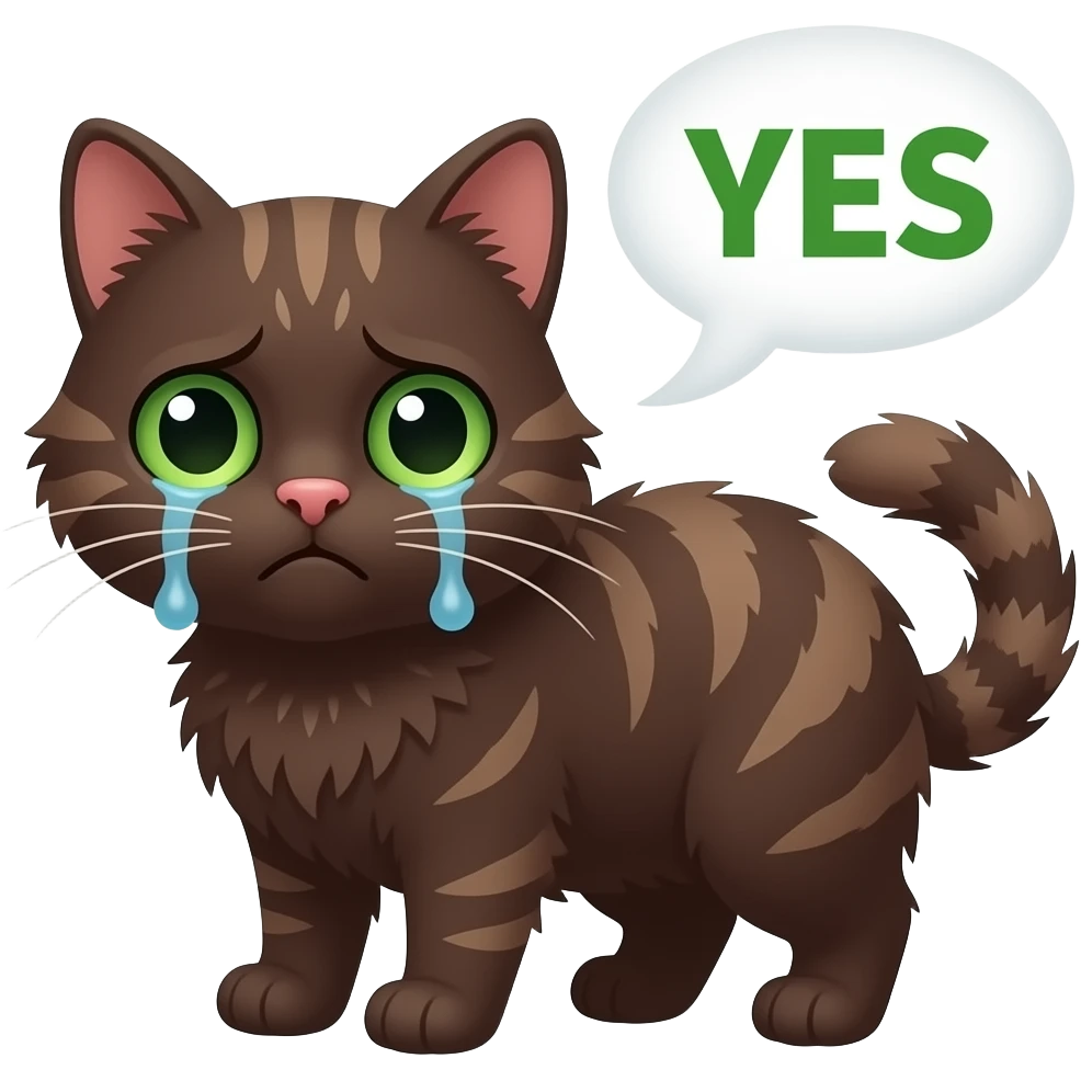 Cute sad depressed dark brown scrunkly cat with green eyes saying “YES” in green letters with a speech bubble emoji