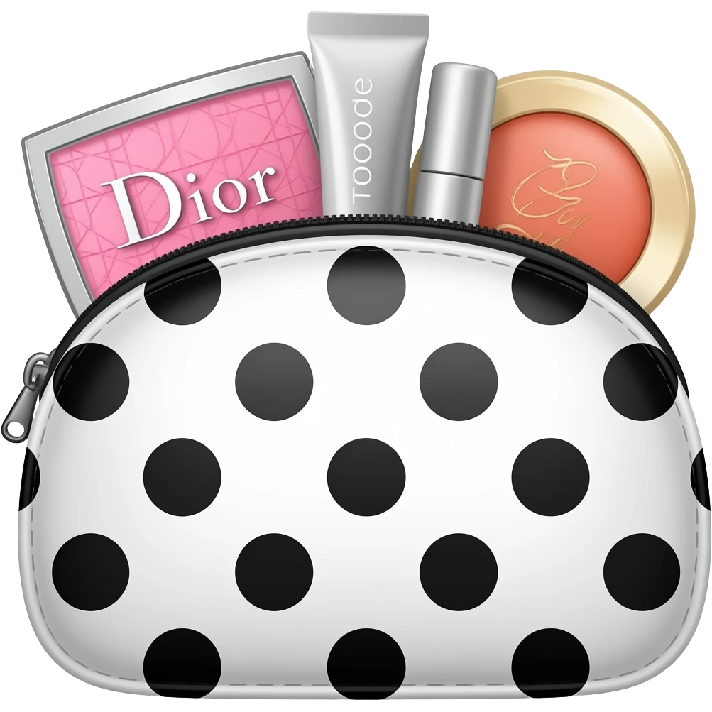 makeup puch with products Dior rhode too faced etc the makeup pouch without a face, polka dot white with black dots emoji