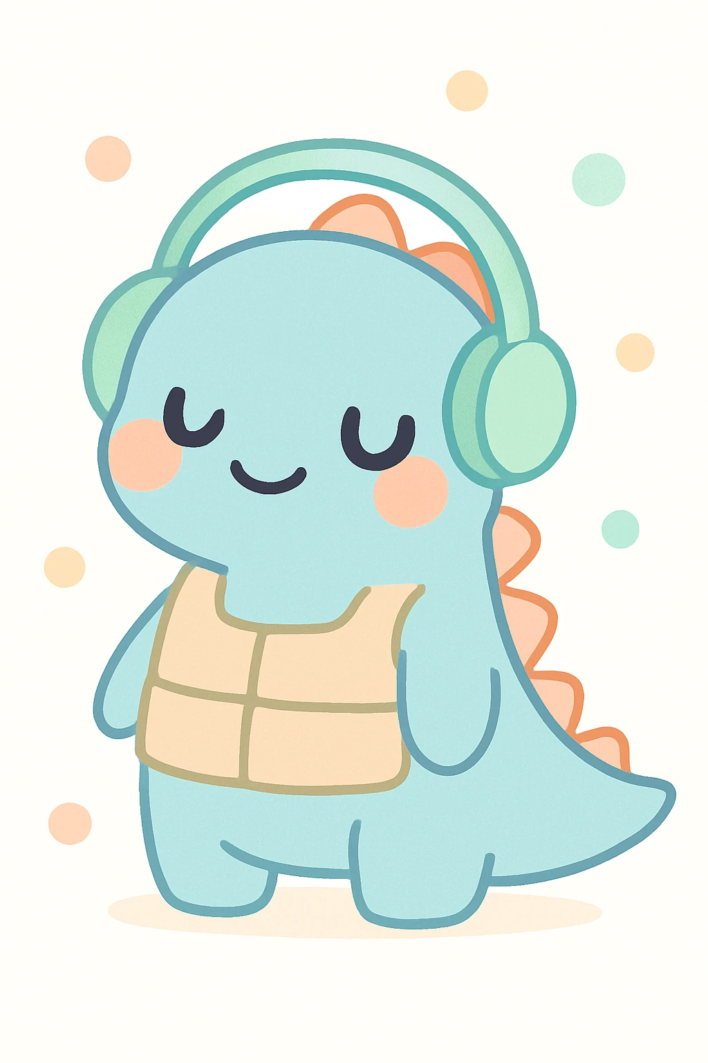a peaceful and content dinosaur wearing a weighted vest and headphones, gentle expression, soft and cute style emoji