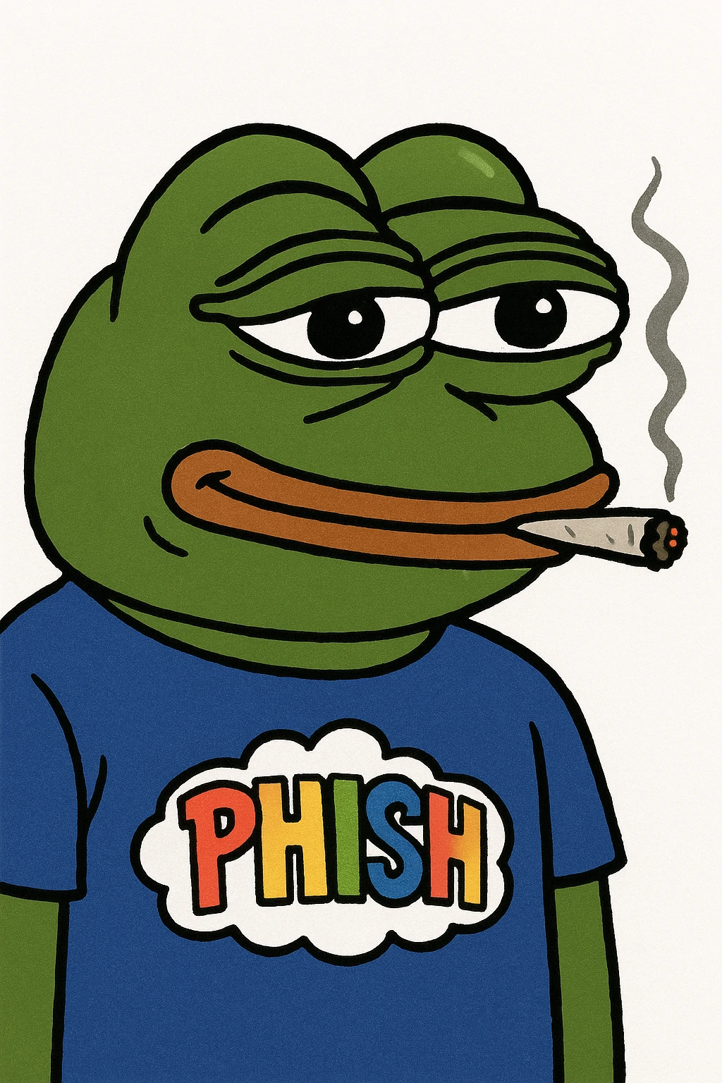 Pepe the Frog smoking a joint, wearing a shirt with the Phish rainbow logo emoji