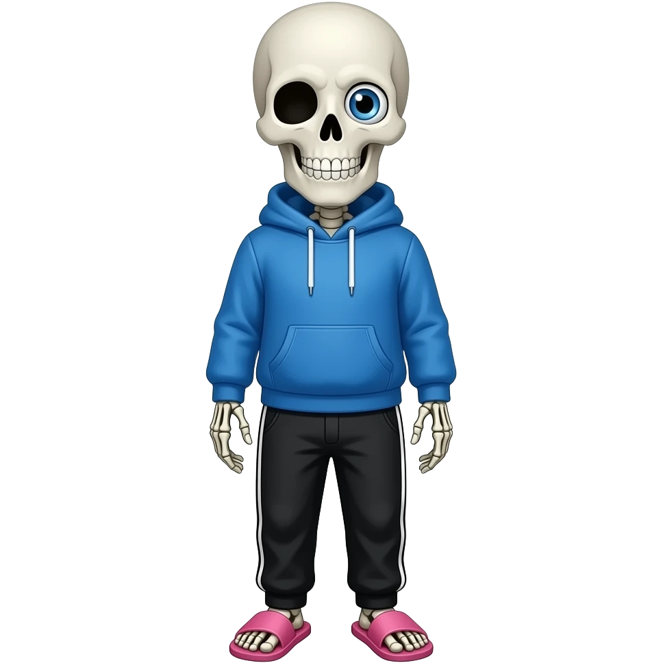Sans the skeleton, blue hoodie, a grin, right eye is blue, black jogging pants, pink slippers emoji