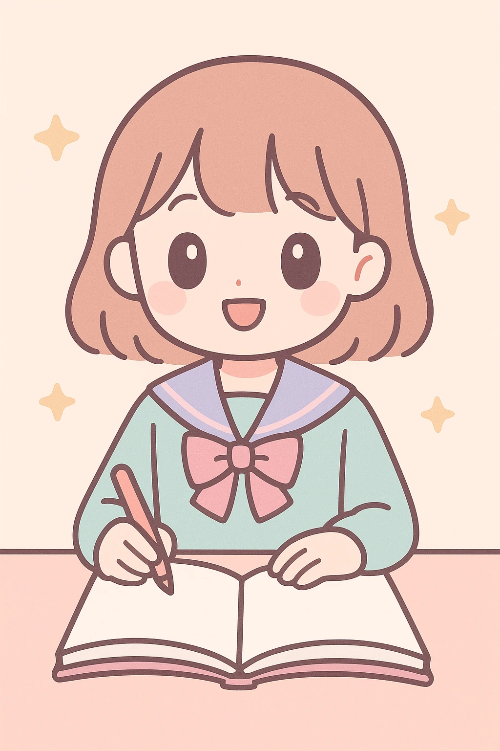 school girl in uniform studying, open book, cheerful, anime-inspired style emoji