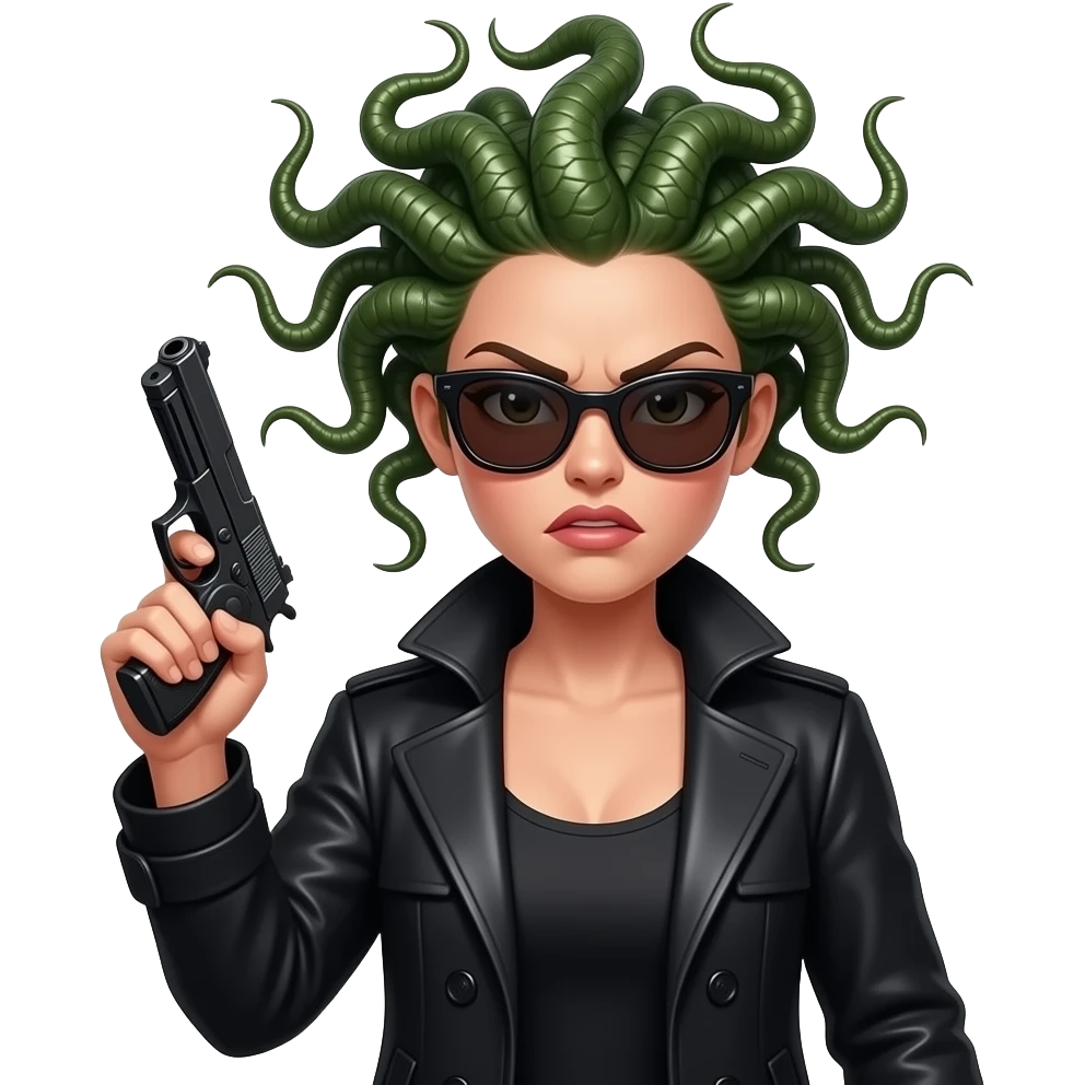 Angry beautiful female Medusa in black coat with sunglasses holding gun emoji