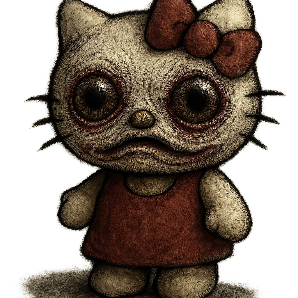 uncanny Hello Kitty with distorted face and unusual eyes, unsettling vibe emoji