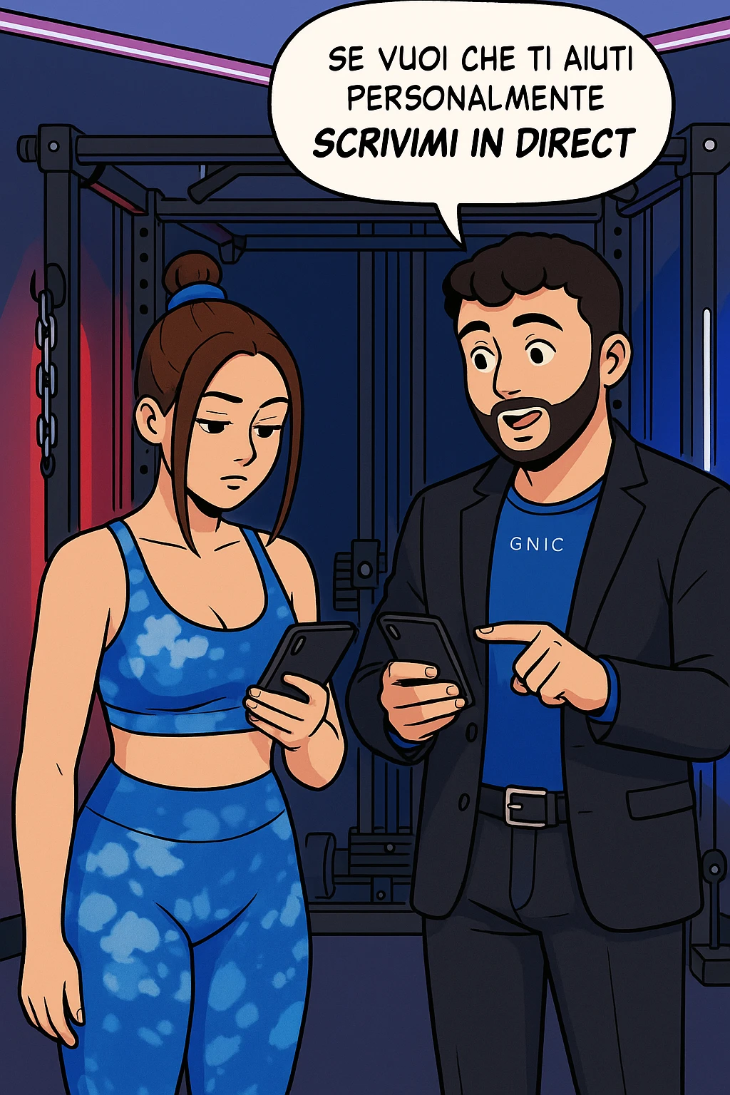 TRASFORMA QUESTO CAROSELLO IN UN FUMETTO STILE WEBTOON/MANGA A COLORI CON QUESTE DUE PERSONE IDENTICHE CHE INTERLOQUISCONO TRA LORO, L'UOMO MOSTRA UNO SMARTPHONE ALLA DONNA INDICANDOLO, E ANCHE LA DONNA HA LO SMARTPHONE IN MANO PER ANDARE A SEGUIRE IL SUO PROFILO INSTAGRAM:

LUI (UOMO): Se vuoi che ti aiuti personalmente
SCRIVIMI IN DIRECT emoji