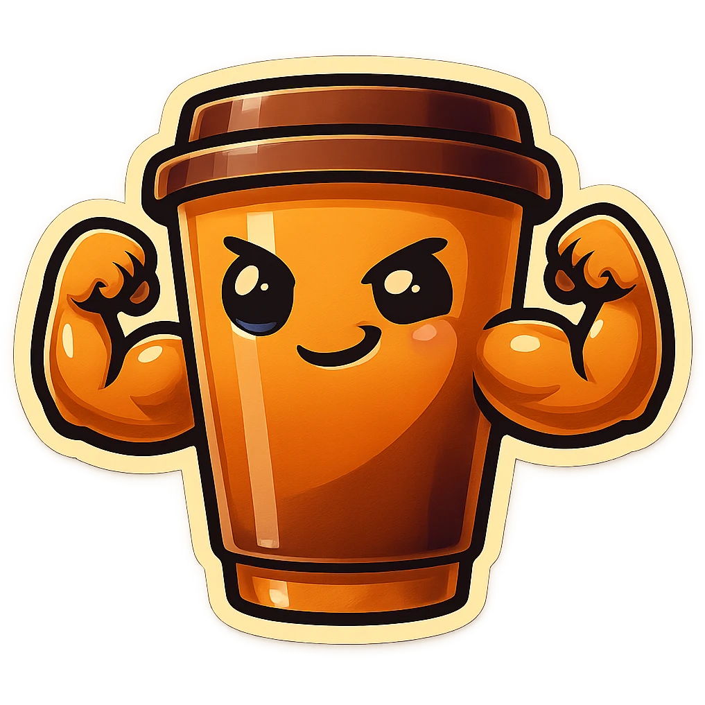 Tall coffee cup, showing off muscles, smirking, flirty emoji