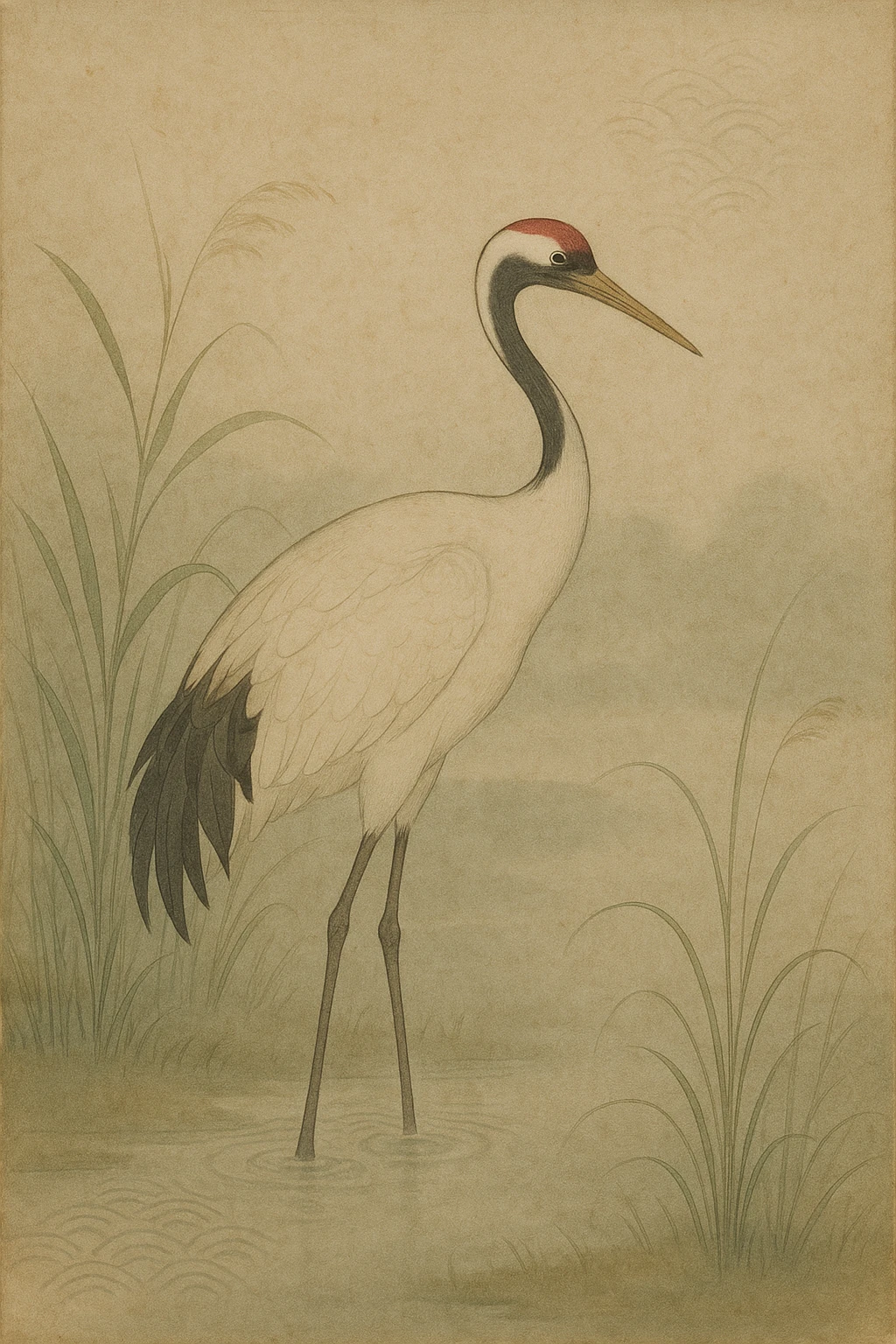 red-crowned crane standing in a misty marsh, elegant and serene, soft brushwork, subtle gold accents, nihonga style traditional Japanese painting emoji