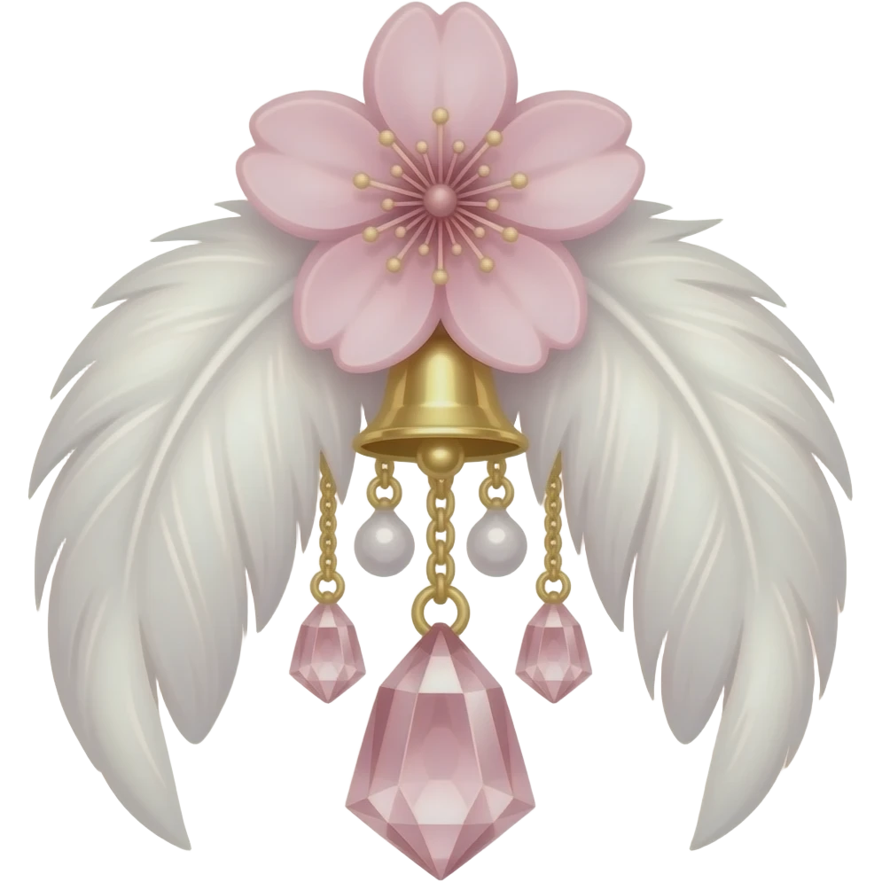 Hanging pastel Sakura-pink white gold crystals white-pearly with bells and feathery ornament emoji