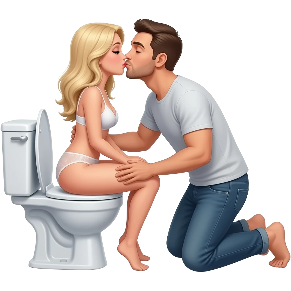 White blonde woman sits reverse on toilet wearing bra and no panties. Man kneeling behind her kisses her butt emoji