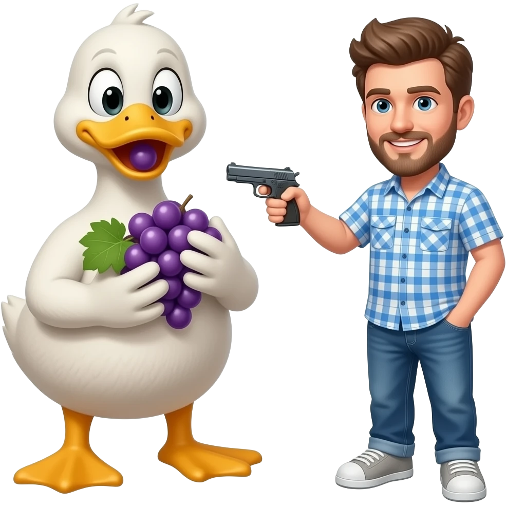 A duck eating grapes in slow motion while being pointed at a gun by Mrbeast emoji