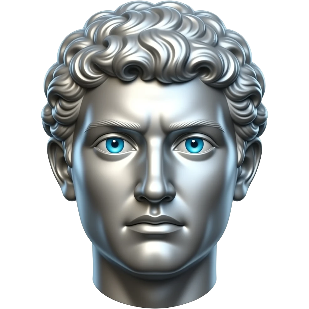 "A chrome stoic Greek statue head, front-facing, serious focused expression, glowing cyan (#00D4B1) eyes, dark background. Chrome reflections with subtle cyan light accents. Clean, no background, emoji style, high detail. The statue represents discipline, focus and self-mastery." emoji