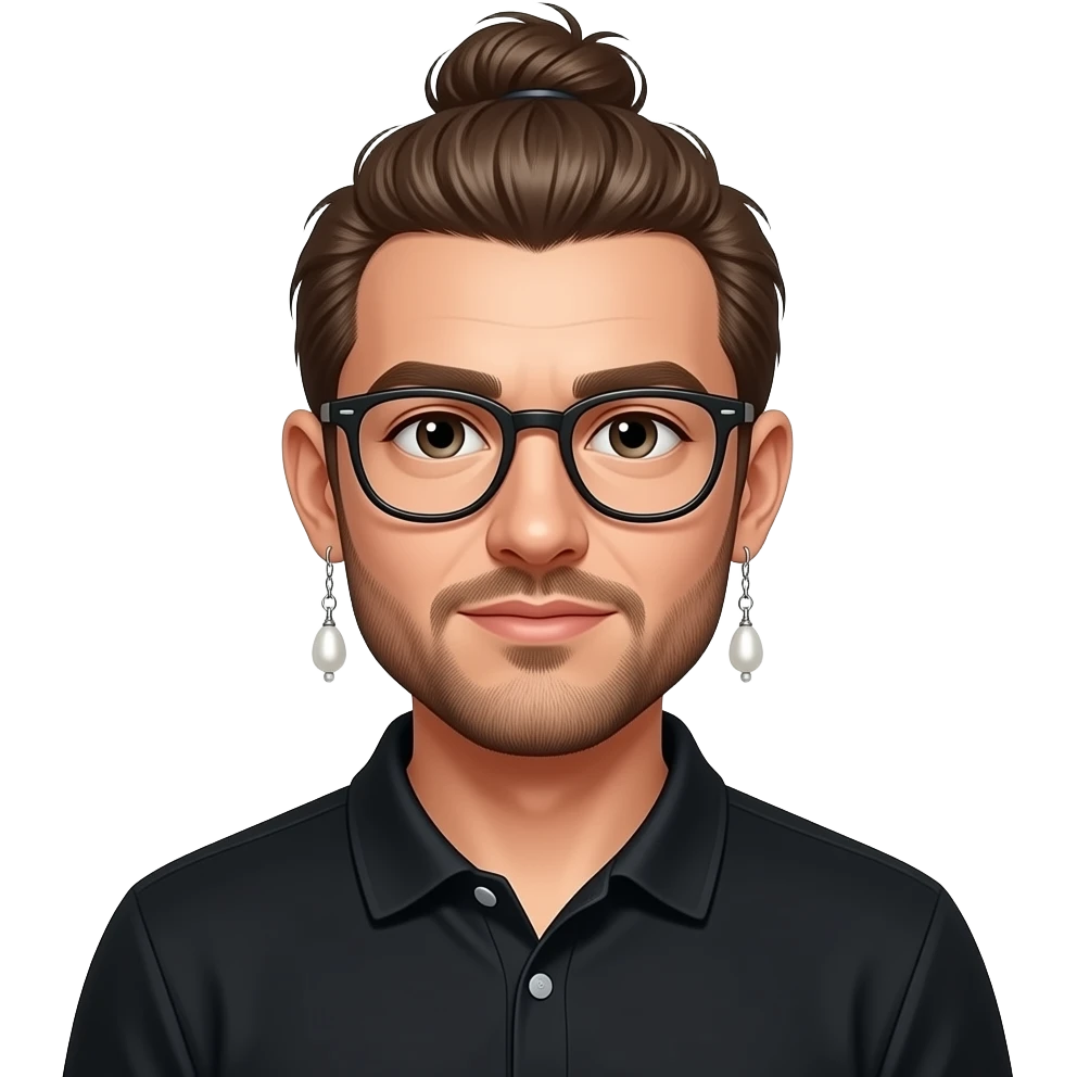 Men with a Messy bun and glasses, long earing with white pearl and black polo emoji