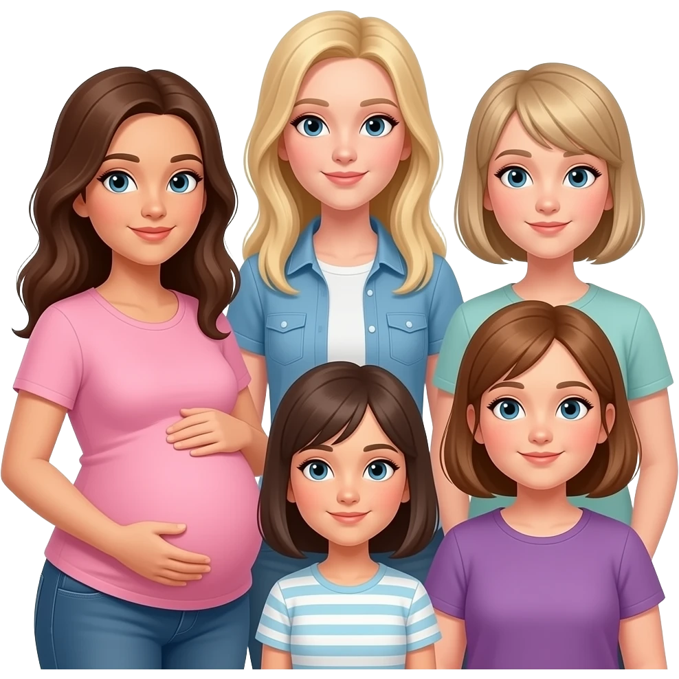 5 girl friends: a brunette who is pregnant, a blonde tall thin, a blonde short thin, a dirty blonde short thin, a brunette short and a little chubby emoji