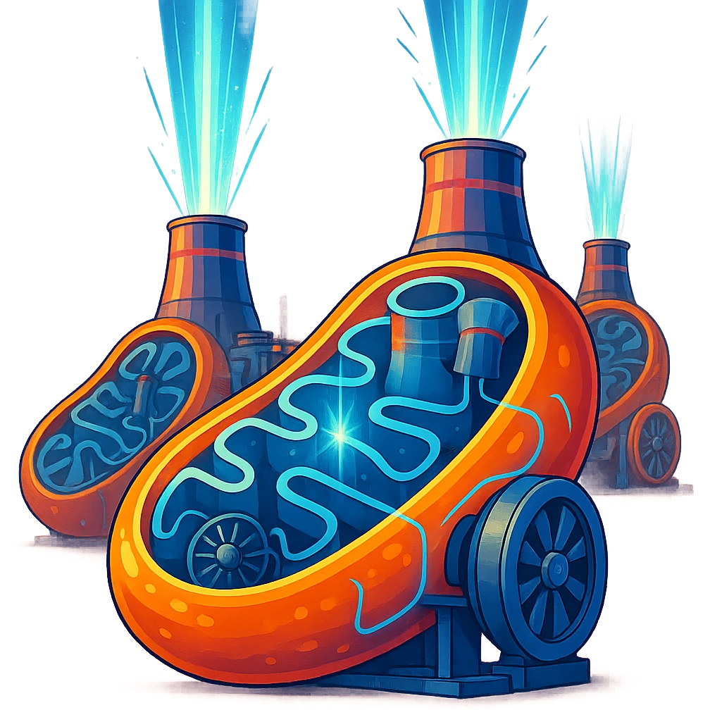 mitochondria as futuristic nuclear power plants, visible energy beams and turbines, bright colors, modern illustrative style inspired by DALL·E 3, clear background, focus on mitochondria-nuclear power plant only emoji
