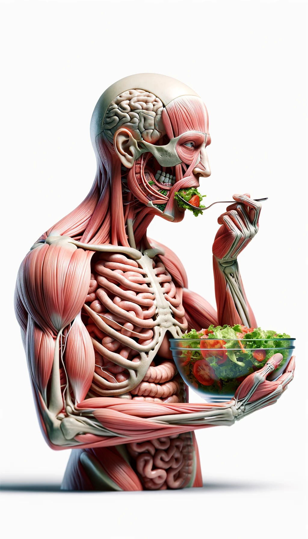 corpo umano anatomico con intestino in evidenza mentre mangia un'insalata con espressione neutra in volto, iperrealistico 4k, isolato su sfondo bianco emoji